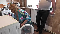 Hard sex. Old young. Old roommate stuck head sexy MILF into washing machine, fucked cunt doggy style and cumshot in pussy